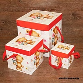 Коробка подарочная с крышкой, верёвочными ручками (3шт. в упаковке 10, 15, 20см.) "Мишка"