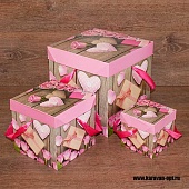 Коробка подарочная с крышкой, верёвочными ручками (3шт. в упаковке 10, 15, 20см) "Розов роза"
